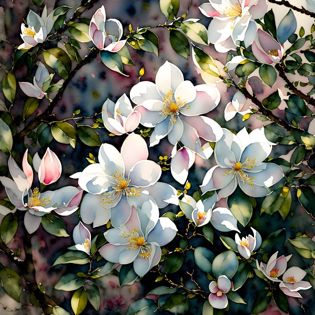 Delicate White Magnolia Flowers with Yellow Centers on Speckled Pastel Background