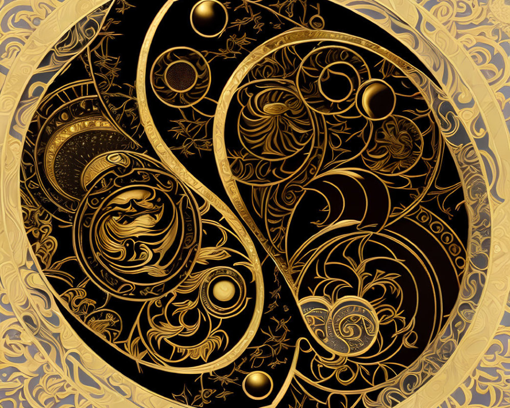 Intricate gold and black yin-yang symbol with celestial motifs