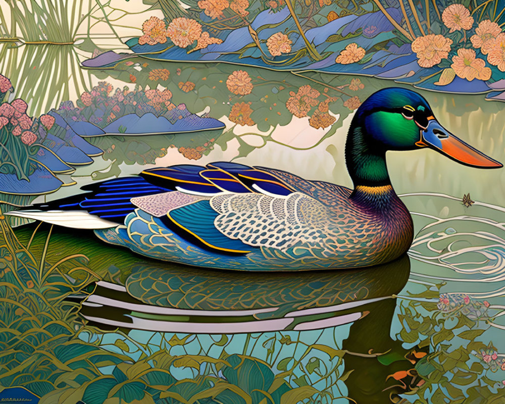 Colorful Duck Floating on Tranquil Pond with Art Nouveau Design