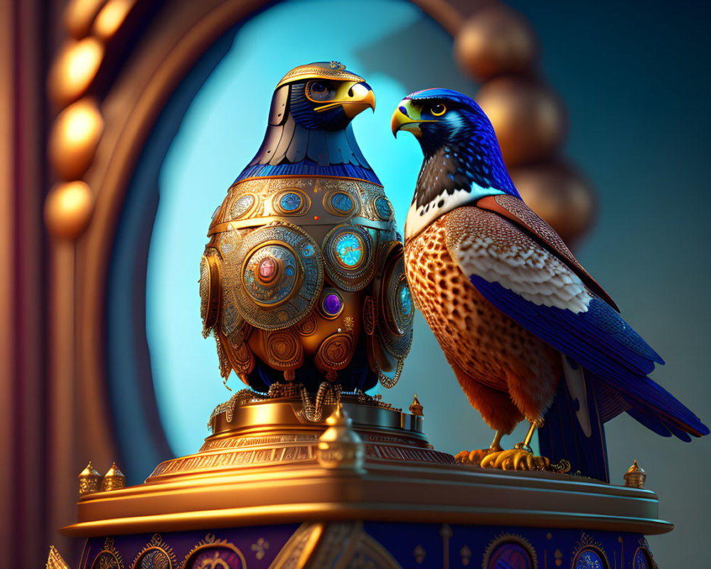 Realistic Steampunk Falcon and Natural Falcon Illustration on Blue Background