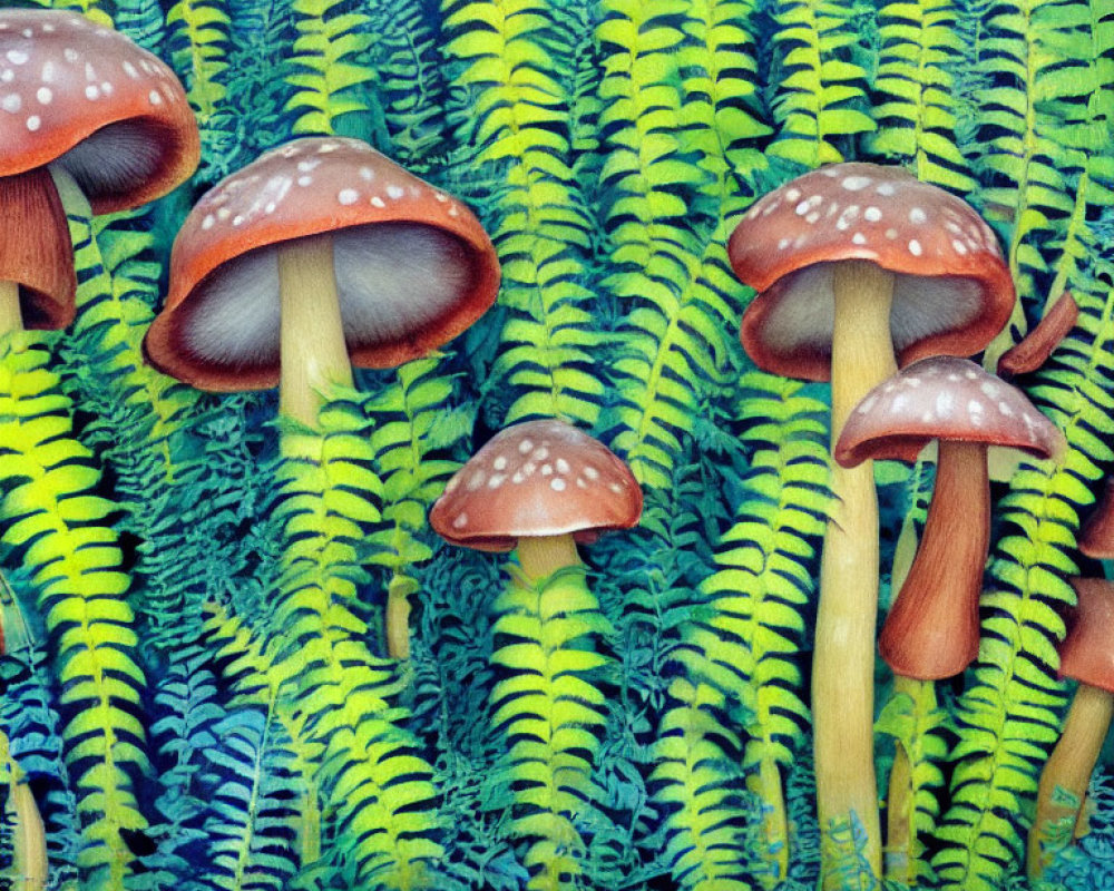 Colorful Mushroom Painting Among Green Ferns