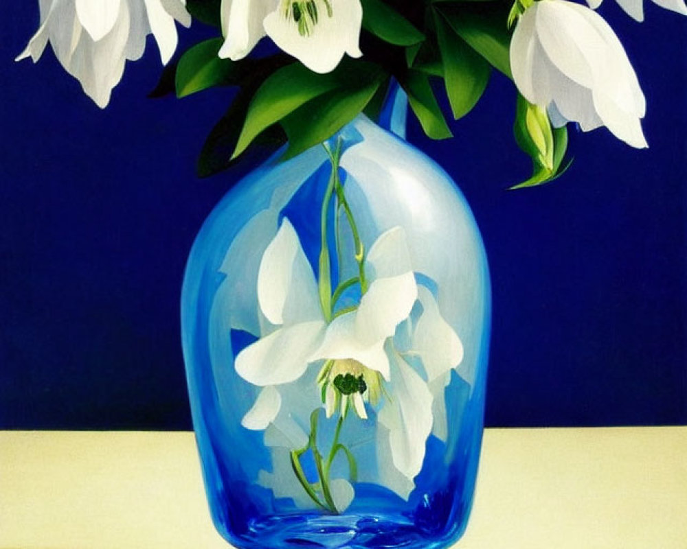 White Bell-Shaped Flowers in Blue Vase on Dark Blue Background