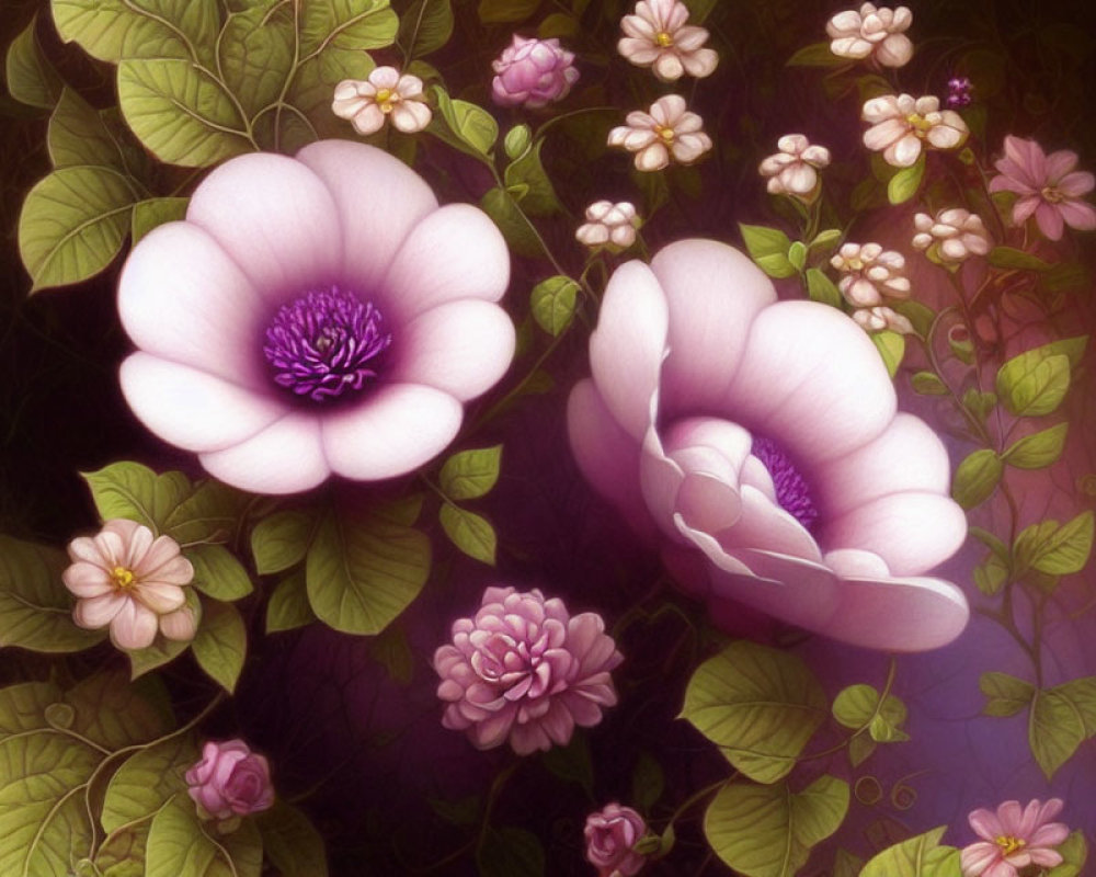 Vibrant digital painting of pink and white flowers with purple centers on a lush green and purple background