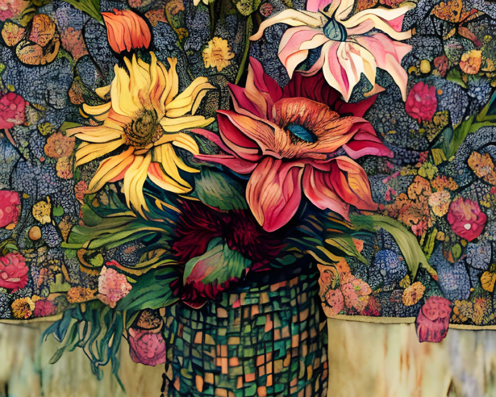 Colorful flower bouquet in textured vase on patterned surface with floral backdrop