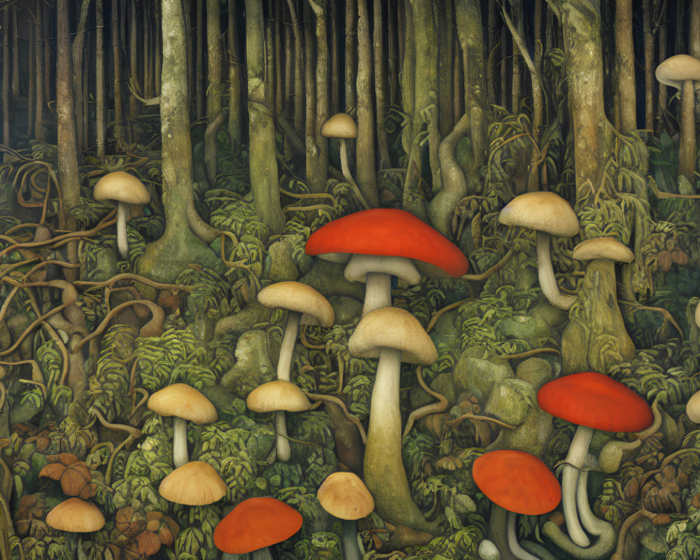 Enchanting forest with tall trees and vibrant red mushrooms