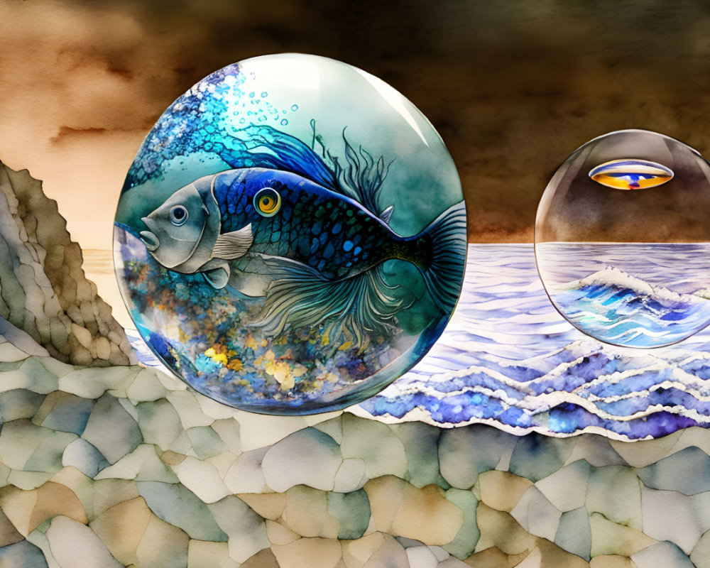 Colorful Fish in Water Droplet Reflecting Wave on Watercolor Background