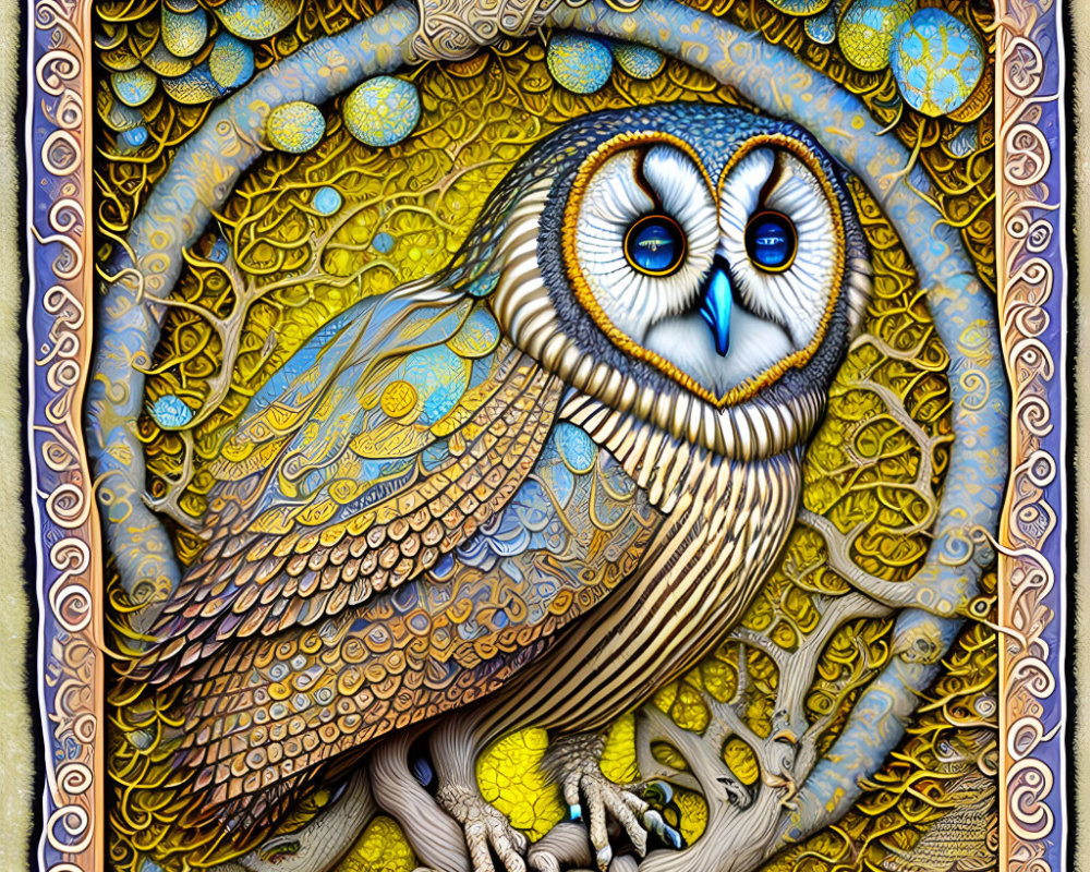 Detailed illustration of an owl with intricate patterns and deep blue eyes perched on a branch within an orn