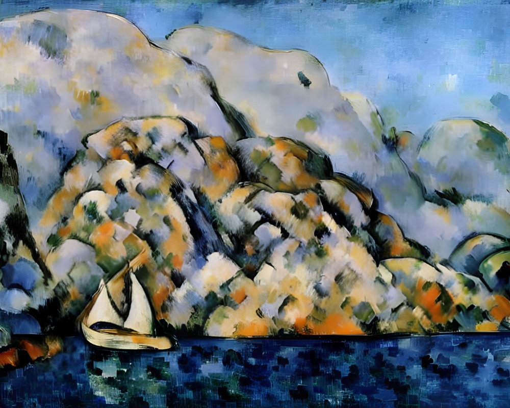 Sailboat on vibrant blue sea near orange hills in impressionist style