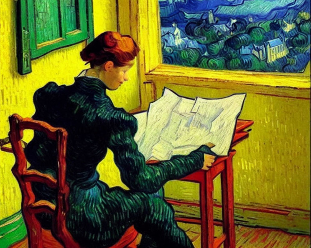 Woman in black dress reading paper by vibrant yellow-framed window at night.