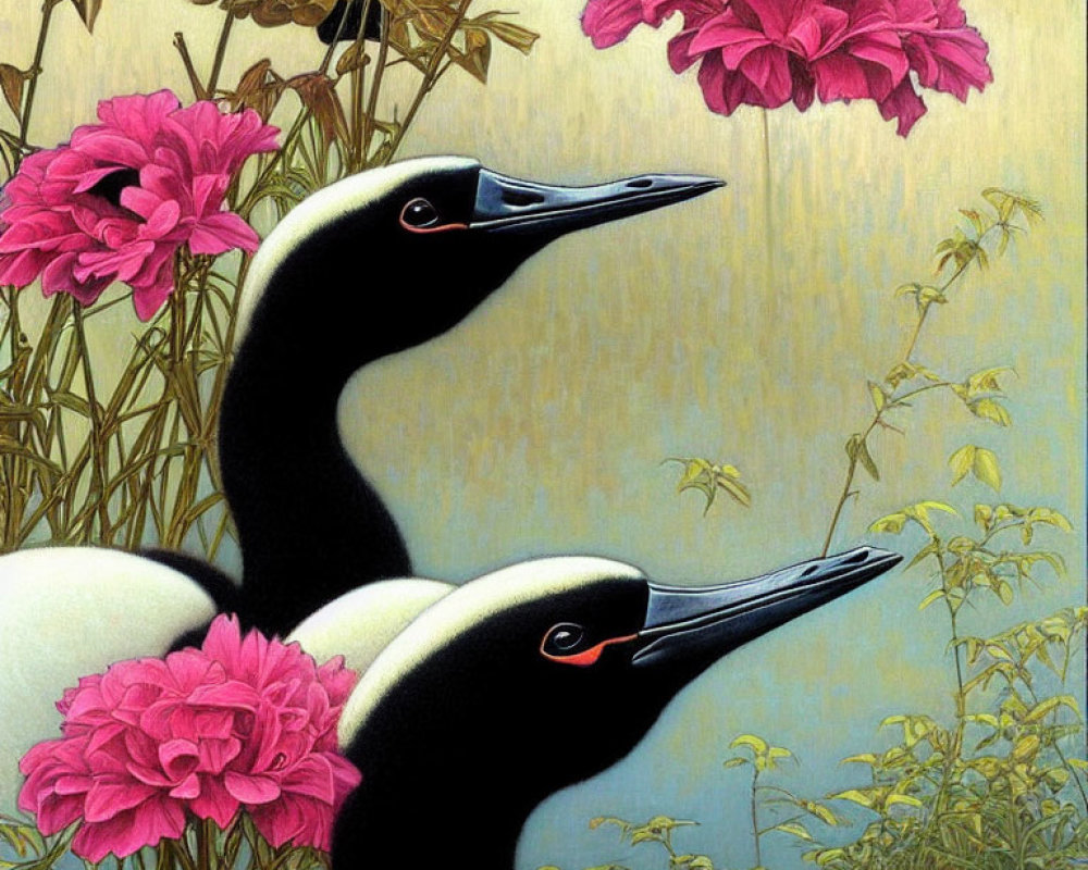 Black-Necked Swans with Red Beaks in Pink Flowers on Golden Background