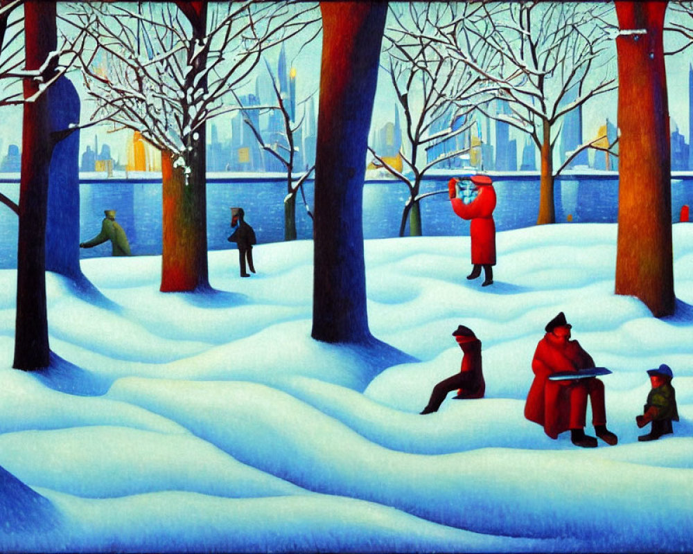 Vibrant painting of people in snowy park with red-coated figures, bare trees, and city