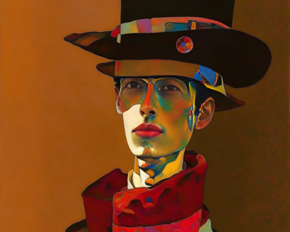 Colorful portrait with top hat, round glasses, and paint textures.