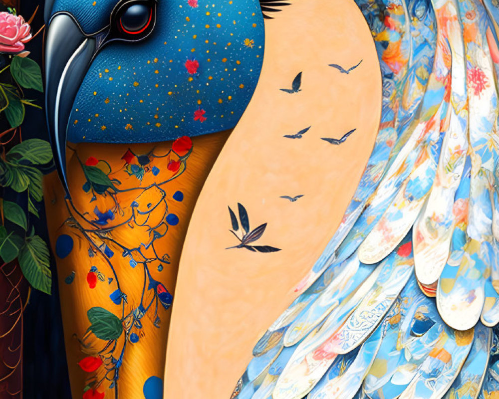 Colorful Bird Illustration with Intricate Designs on Dark Background