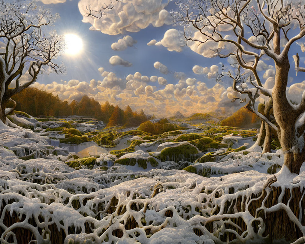 Snow-covered Winter Landscape with Bare Trees and Low-Hanging Sun