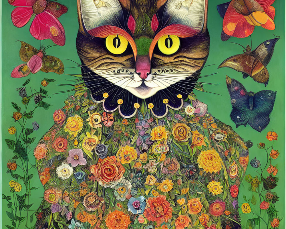 Colorful Cat Illustration with Floral Body and Butterflies on Green Background