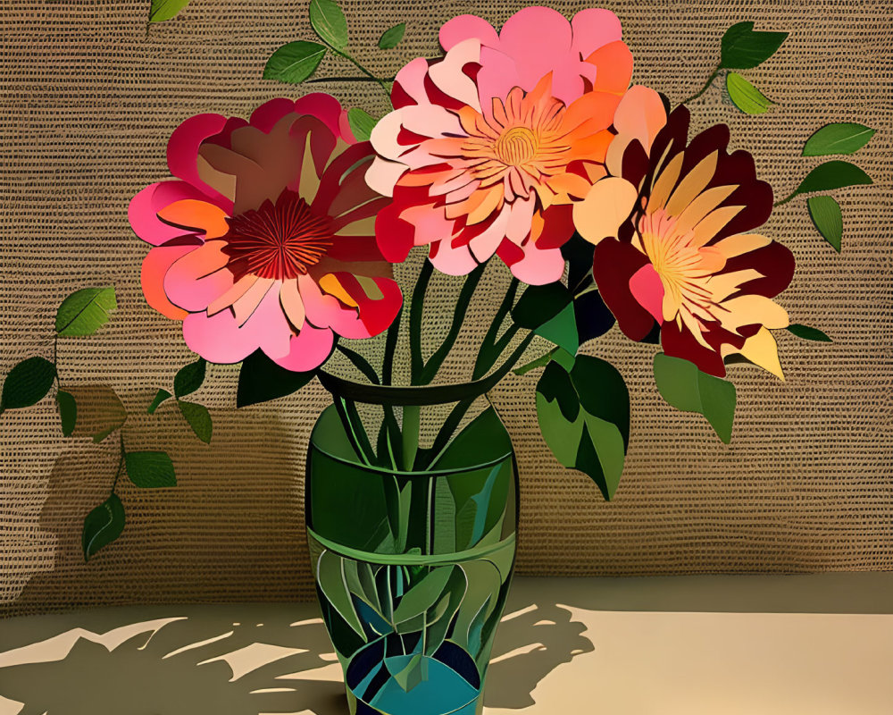 Vibrant paper vase with oversized flowers on beige background with leaf patterns