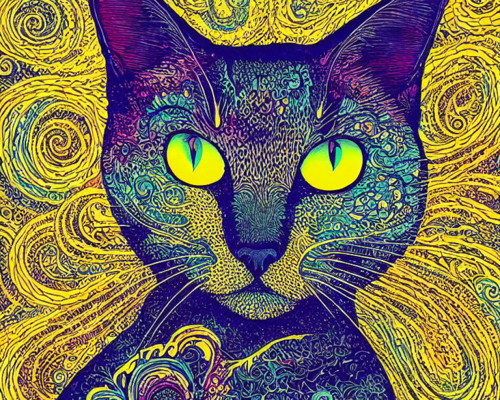 Colorful Psychedelic Cat Art with Swirling Patterns and Yellow Eyes