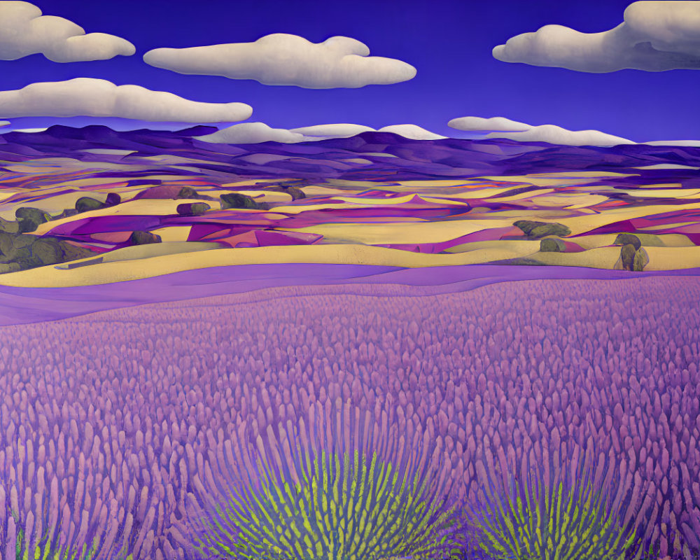 Vibrant landscape with rolling hills and lavender field