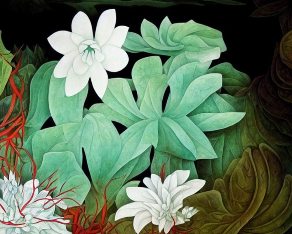 Detailed white flowers with green leaves and red vines on dark background