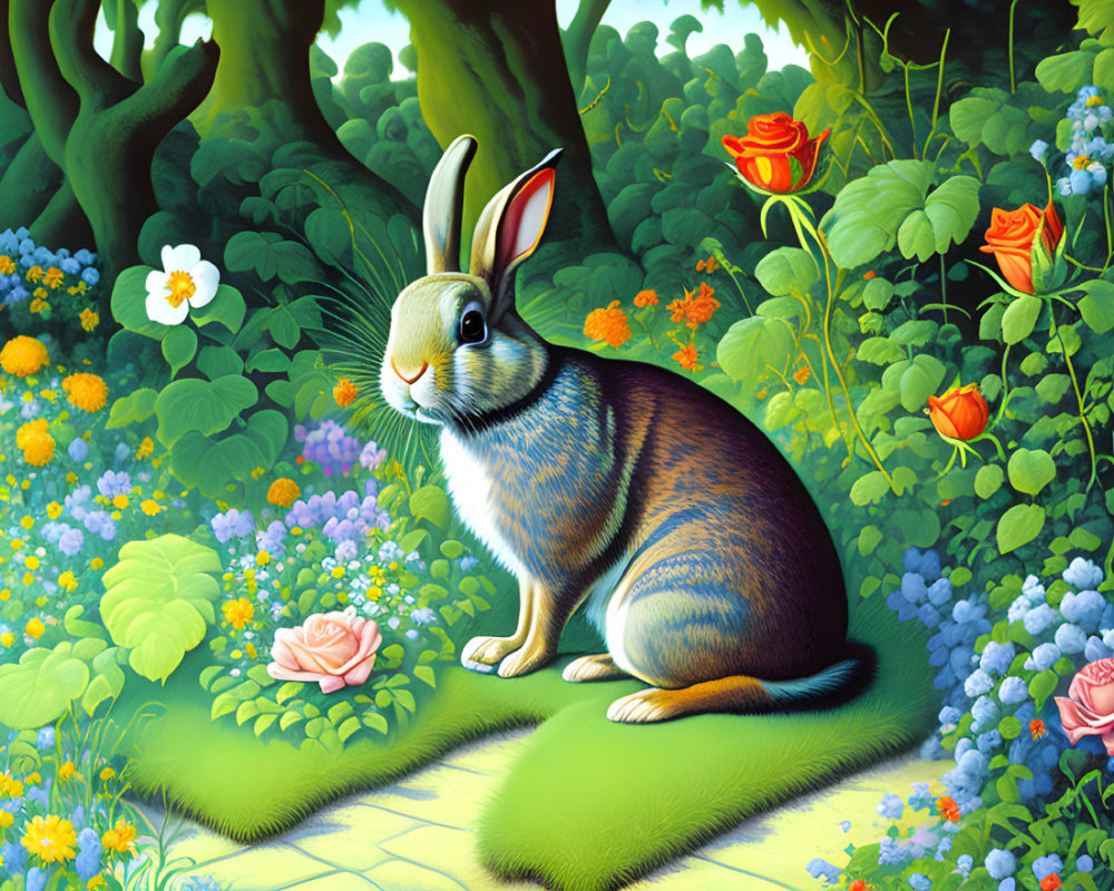 Vibrant forest scene with colorful rabbit among lush greenery