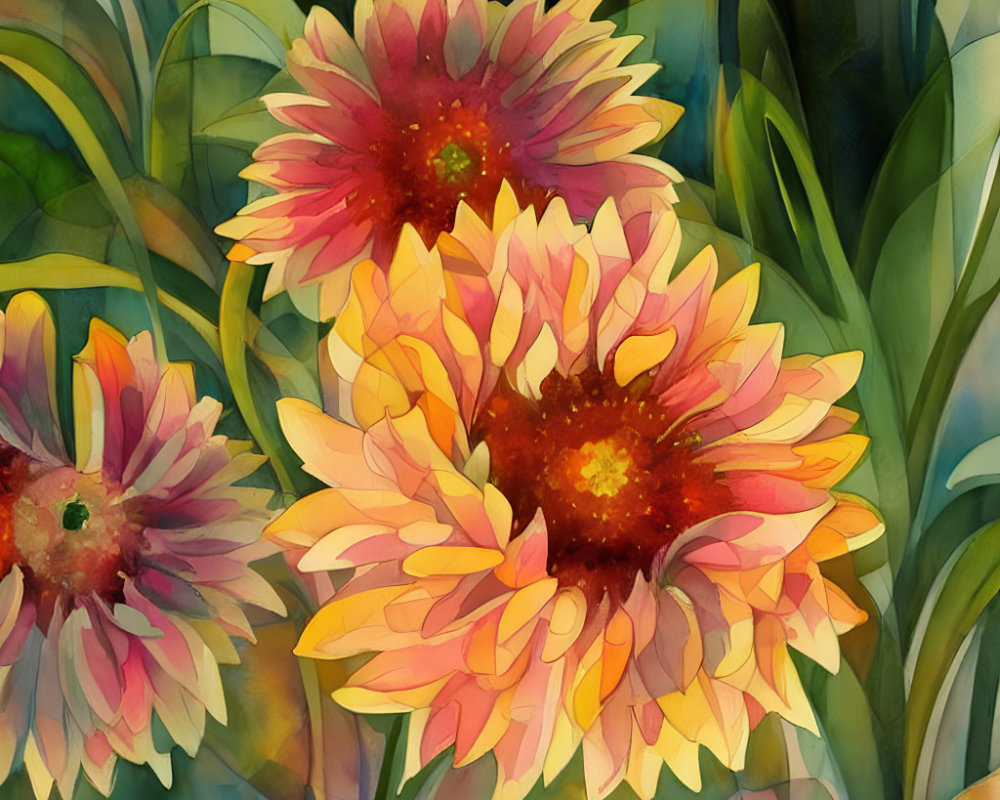 Vibrant Watercolor Illustration of Pink and Yellow Gerbera Daisies