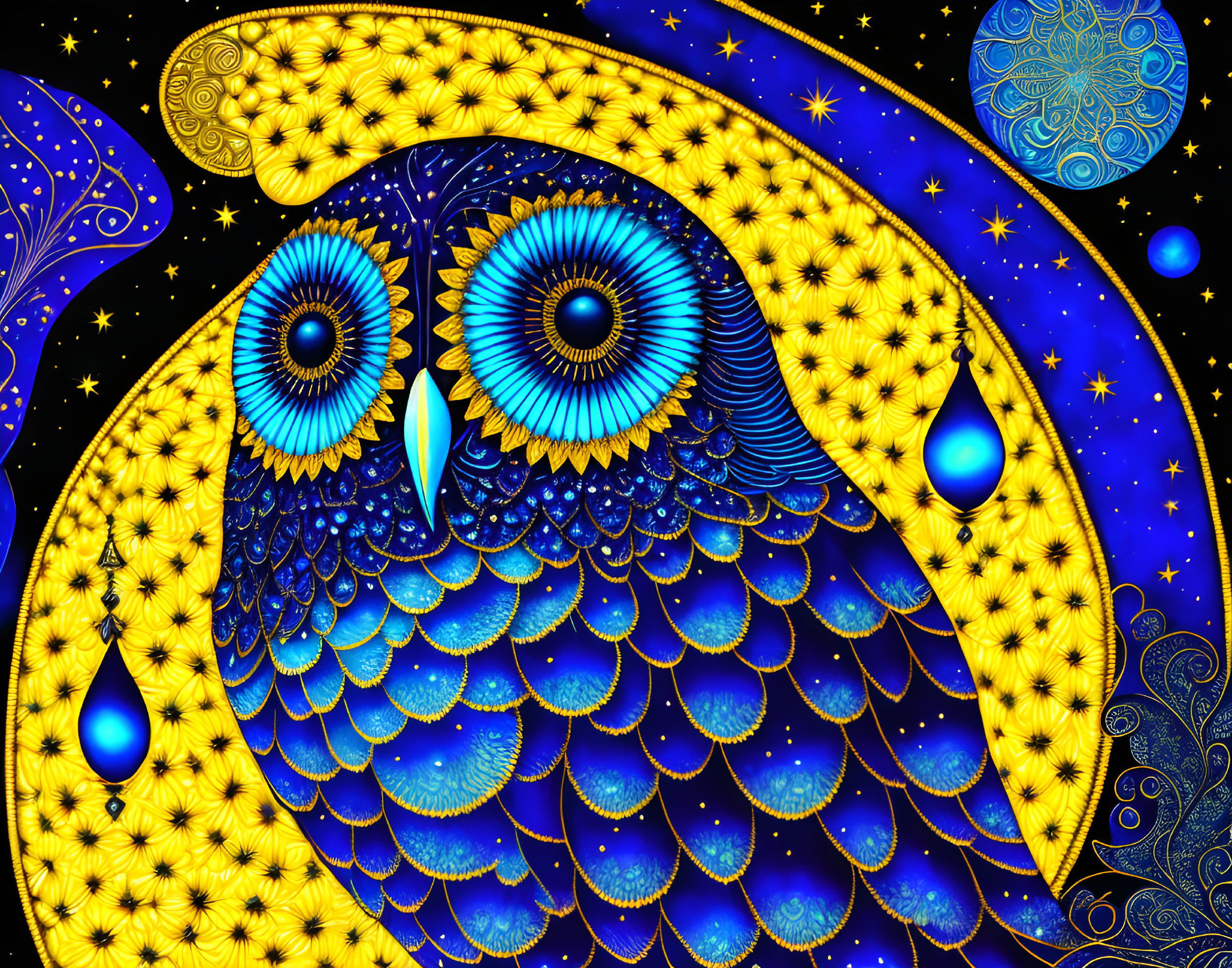 Colorful abstract owl art on cosmic background