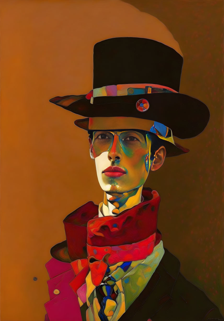 Colorful portrait with top hat, round glasses, and paint textures.