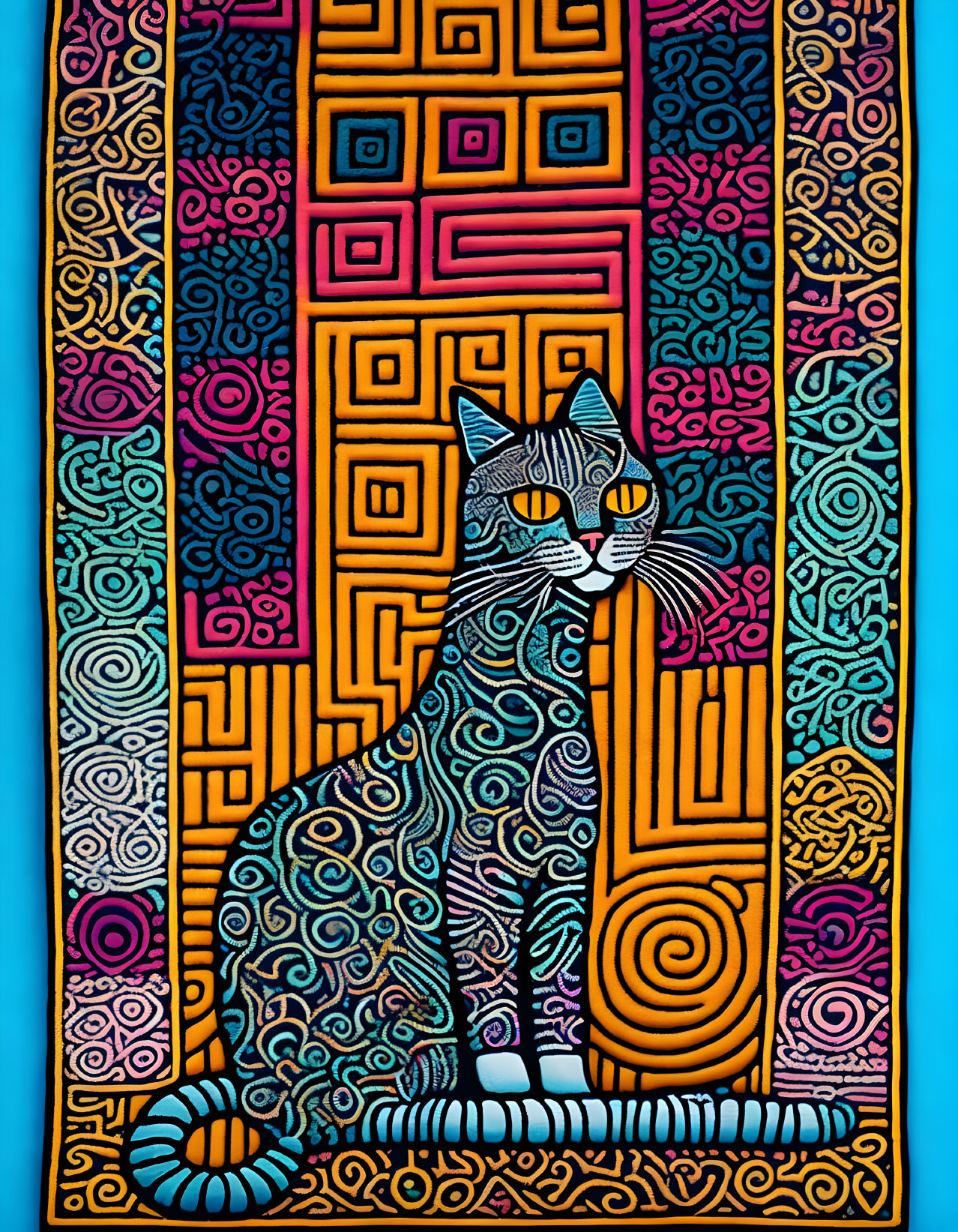 Colorful Abstract Painting: Patterned Cat Amid Geometric Shapes