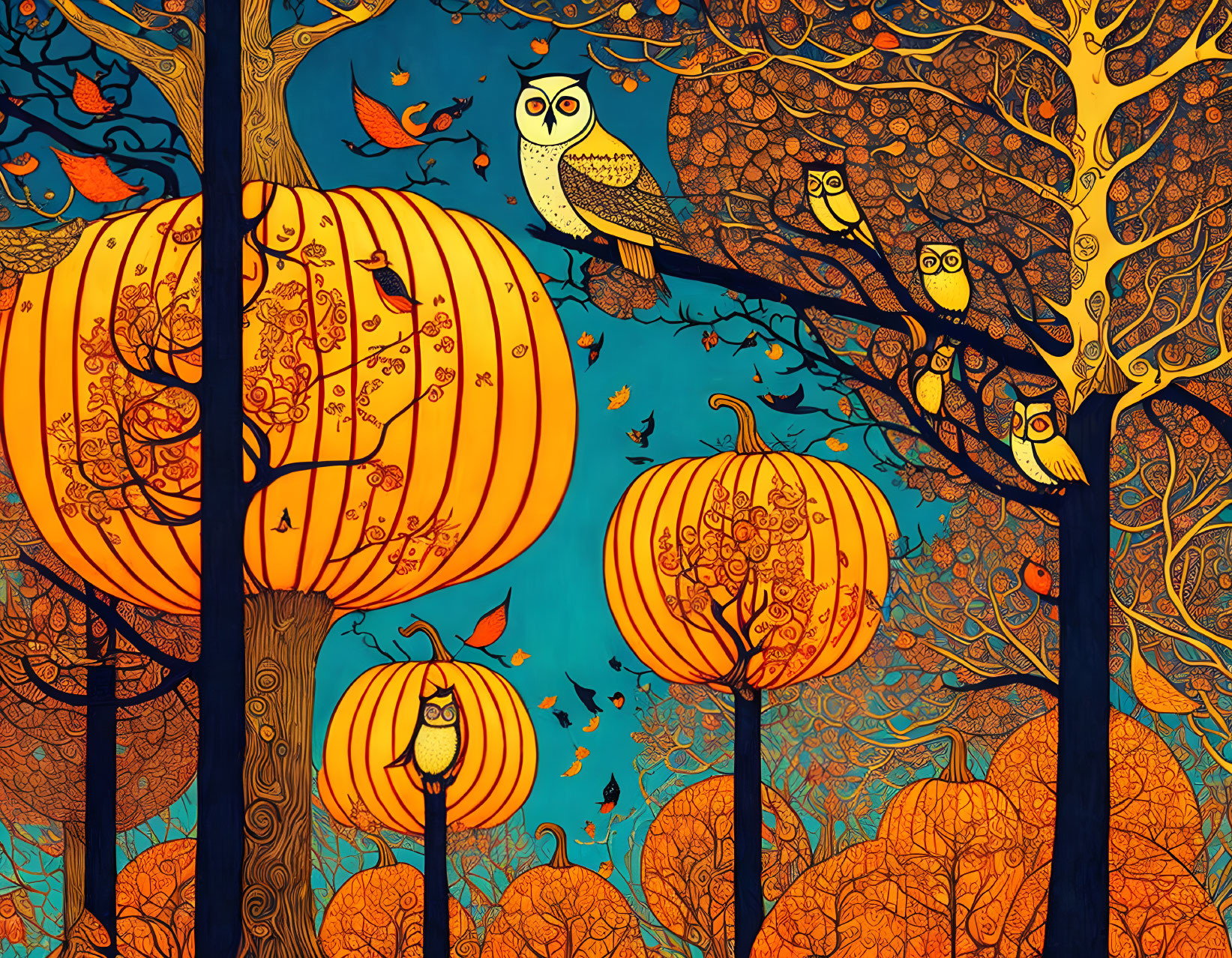 Autumnal scene with pumpkins, leafy trees, owls, and falling leaves