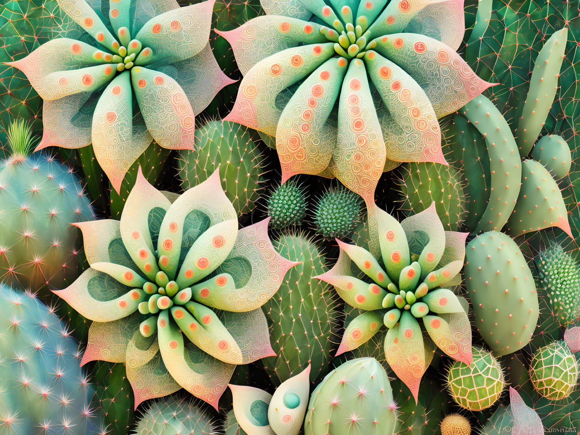 Colorful succulents and cacti art with intricate patterns on geometric backdrop