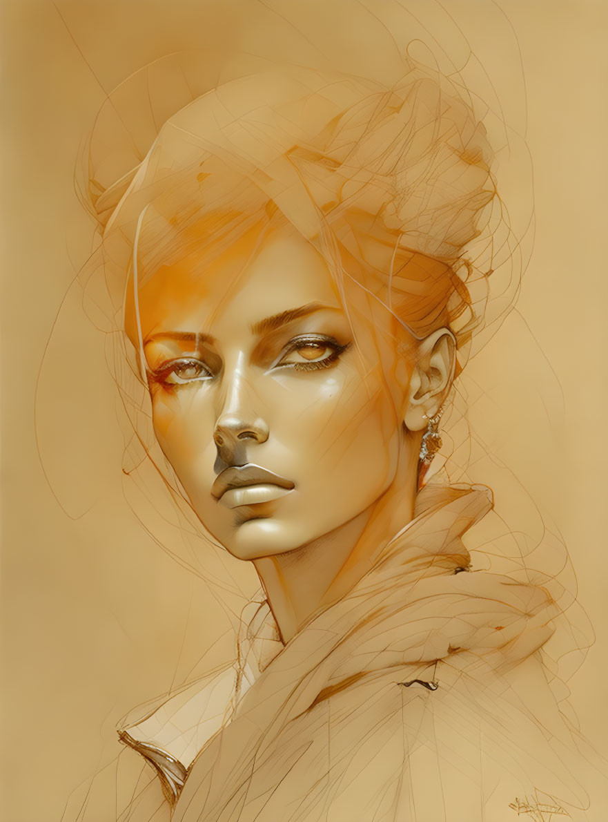 Digital portrait of woman with golden skin and hair, piercing gaze, elegant scarf