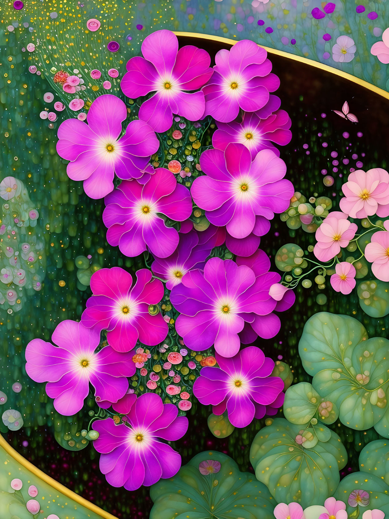 Pink Flowers with Golden Rim, Green Foliage, Bubbles, and Butterfly