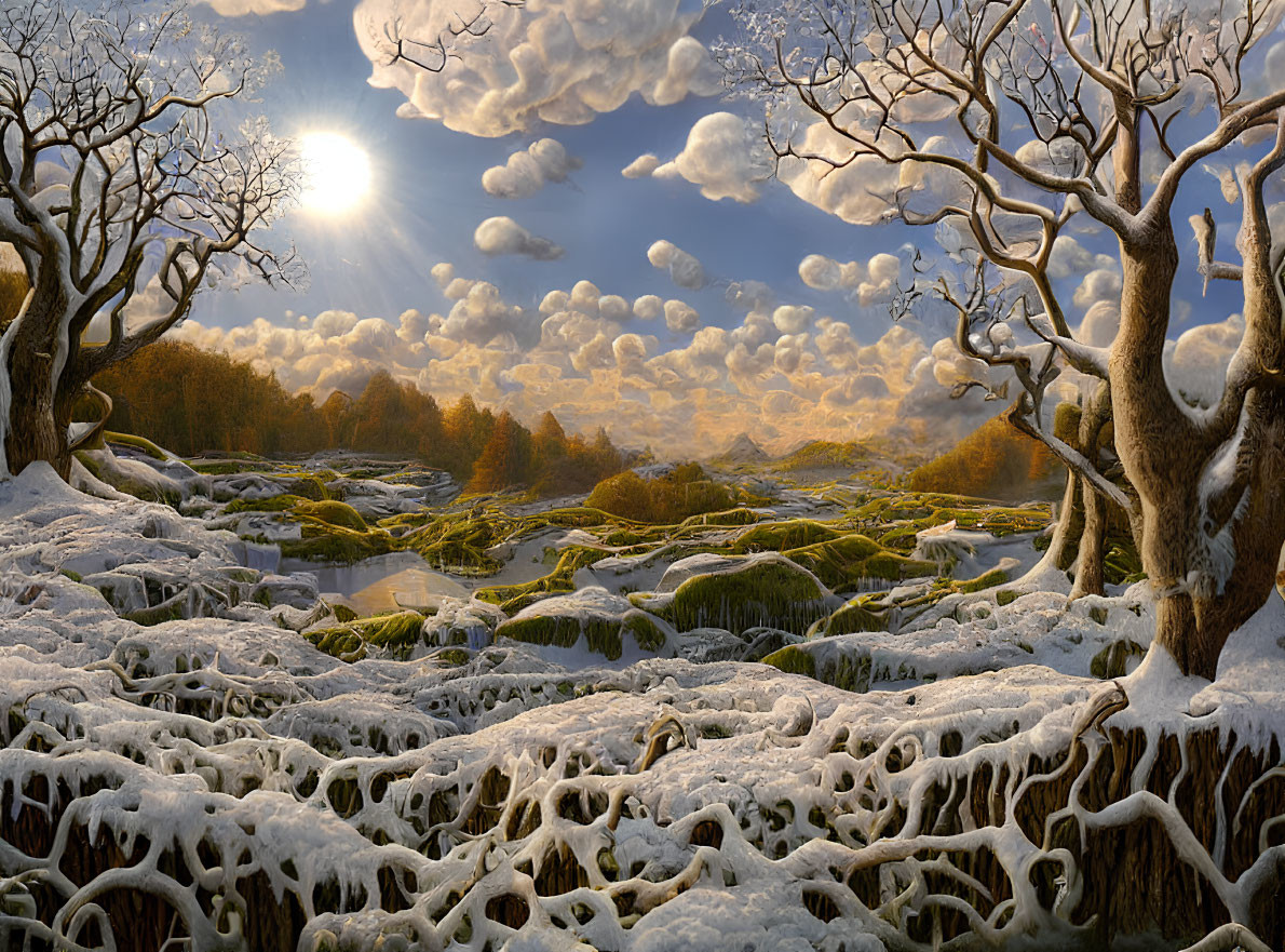 Snow-covered Winter Landscape with Bare Trees and Low-Hanging Sun