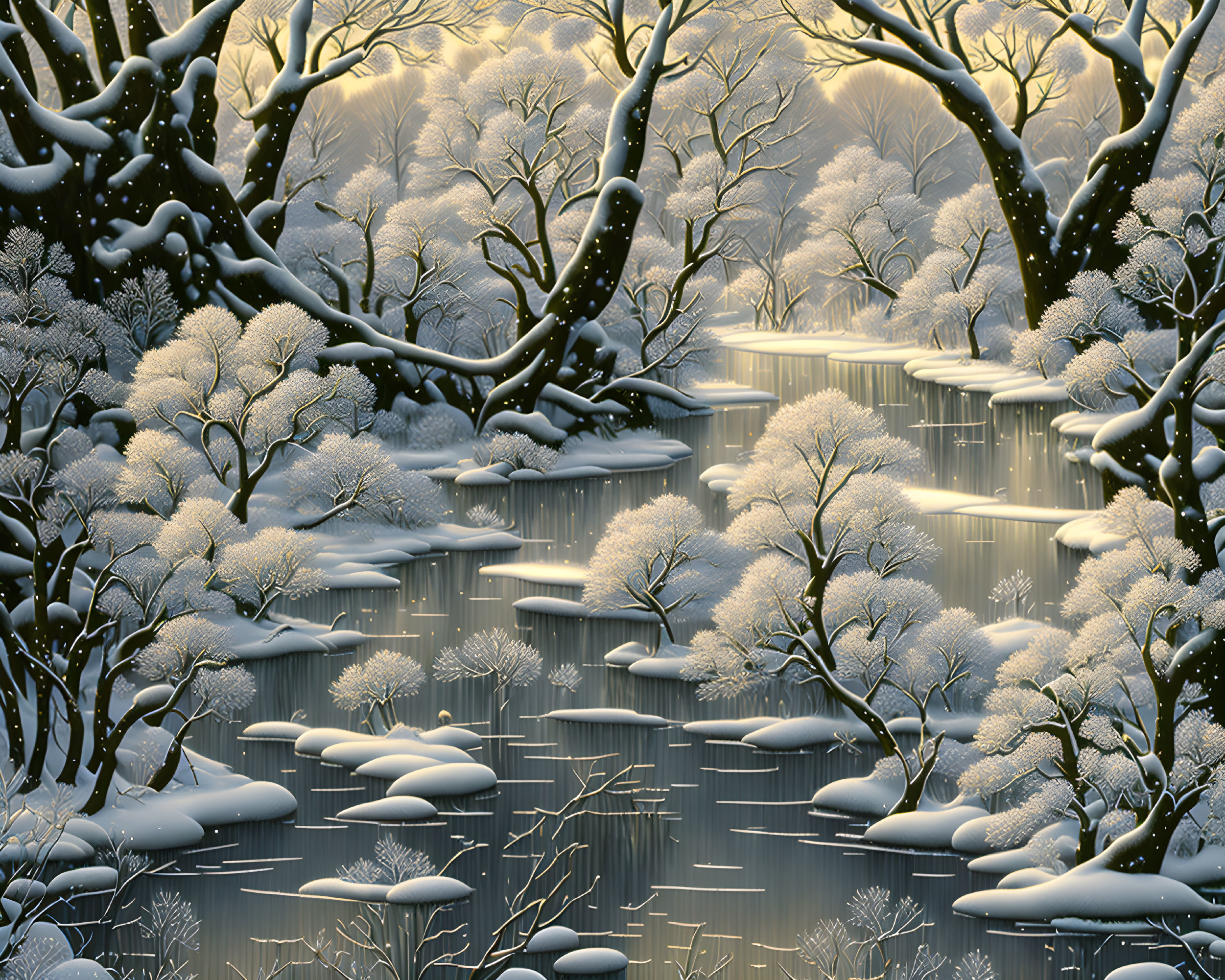 Snowy landscape with snow-covered trees and gentle streams at sunrise or sunset