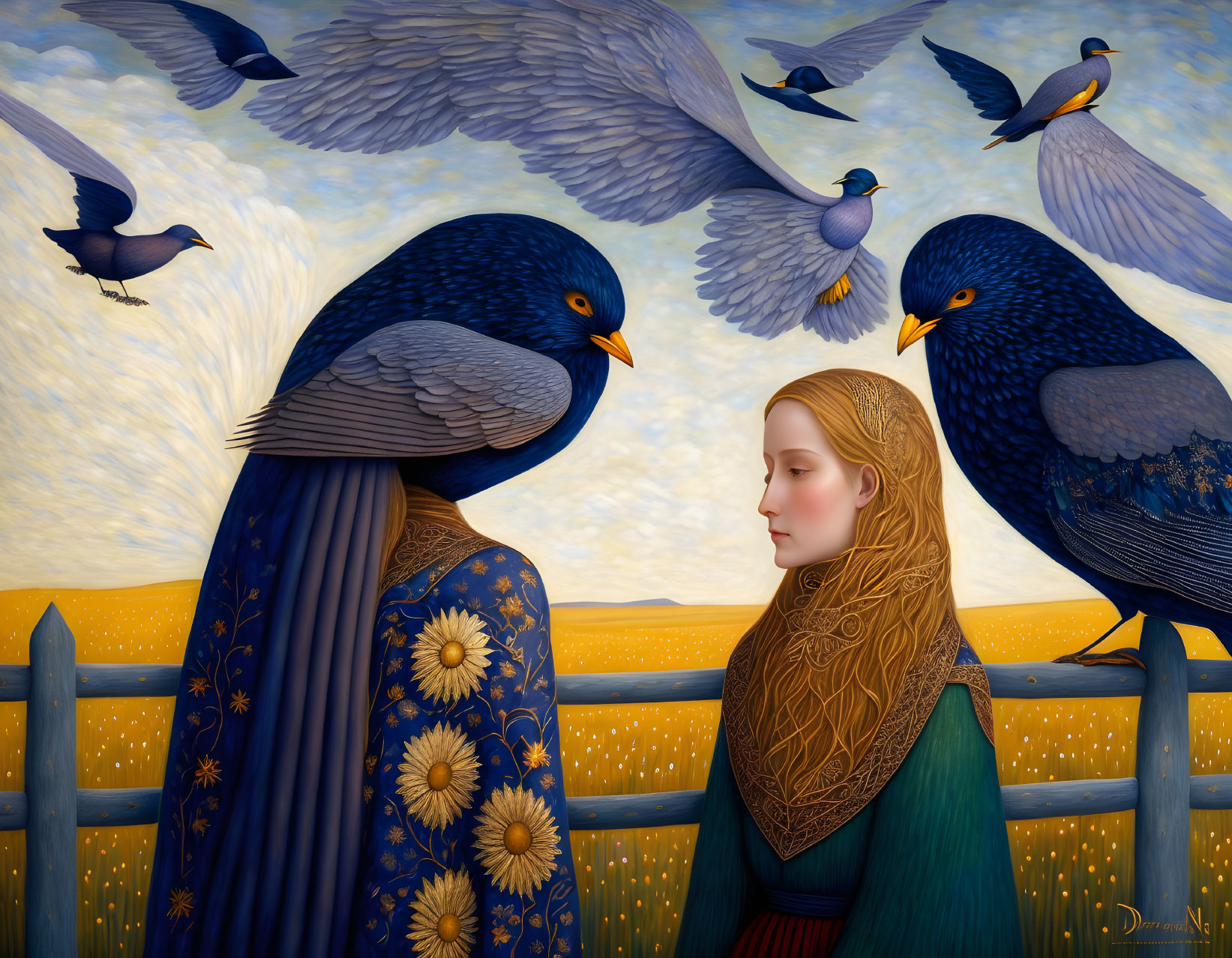 Surreal painting of woman in headscarf near fence with large bird in golden field.