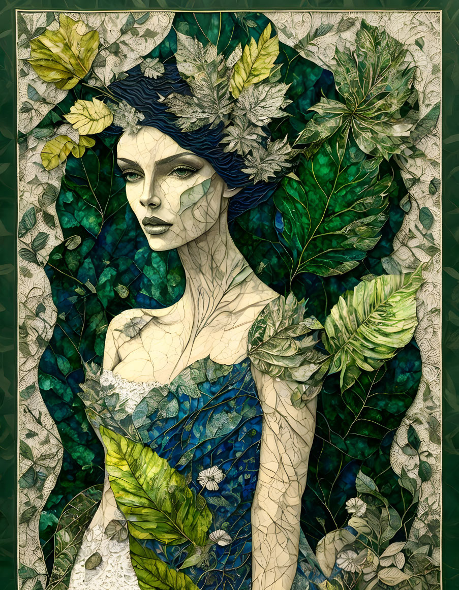 Stylized portrait of woman with leafy hair and dress in green foliage landscape