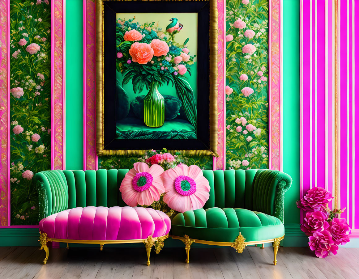 Colorful Room with Green and Pink Striped Wall and Vintage Sofa