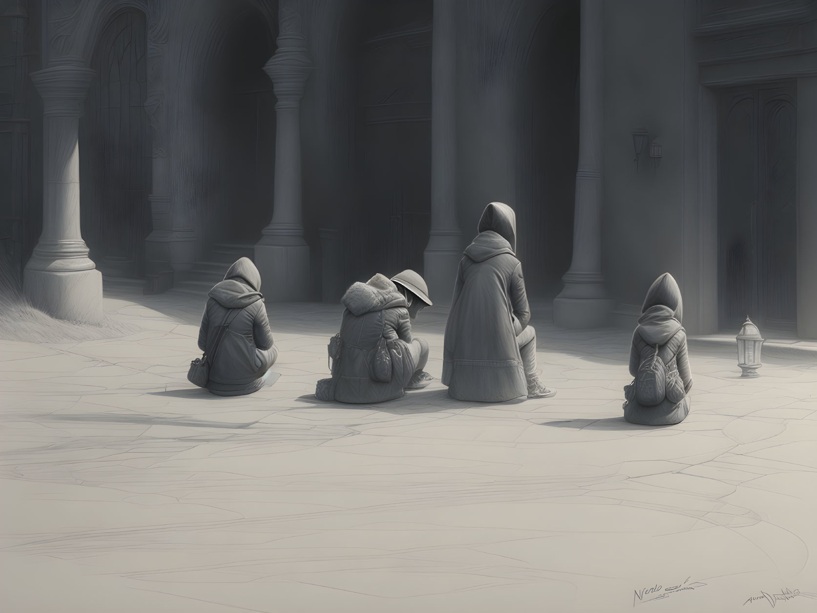 Monochrome depiction of four hooded figures in serene courtyard