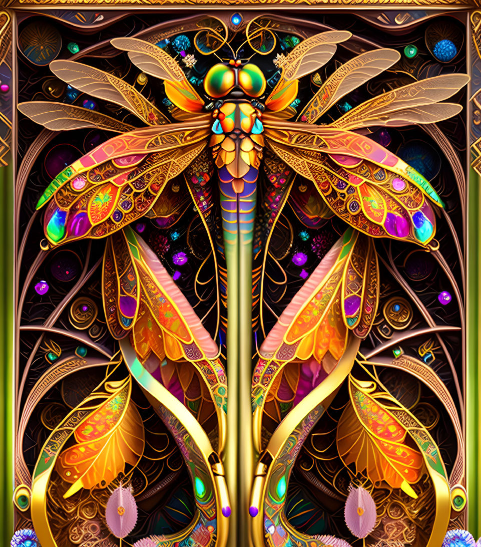 Colorful Dragonfly Art with Detailed Wings and Jewel-Toned Body