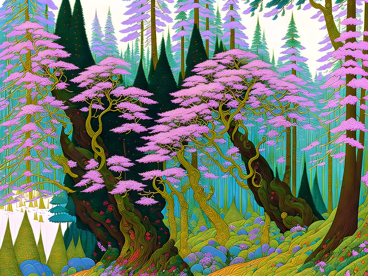 Colorful Stylized Forest with Pink Blossoming Trees and Twisted Trunks