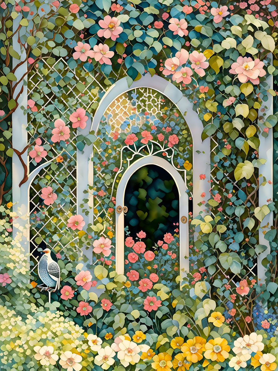 Intricate ironwork garden gate among lush pink and yellow flowers