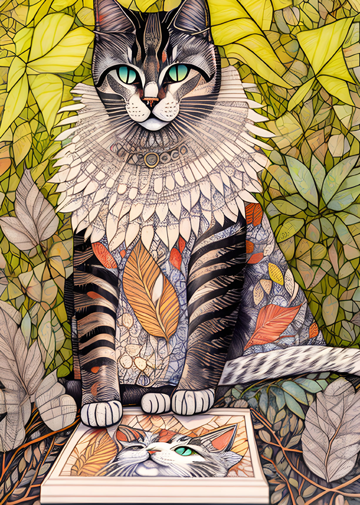 Illustrated Cat with Ruff Collar Among Leaf Patterns and Another Cat in Front