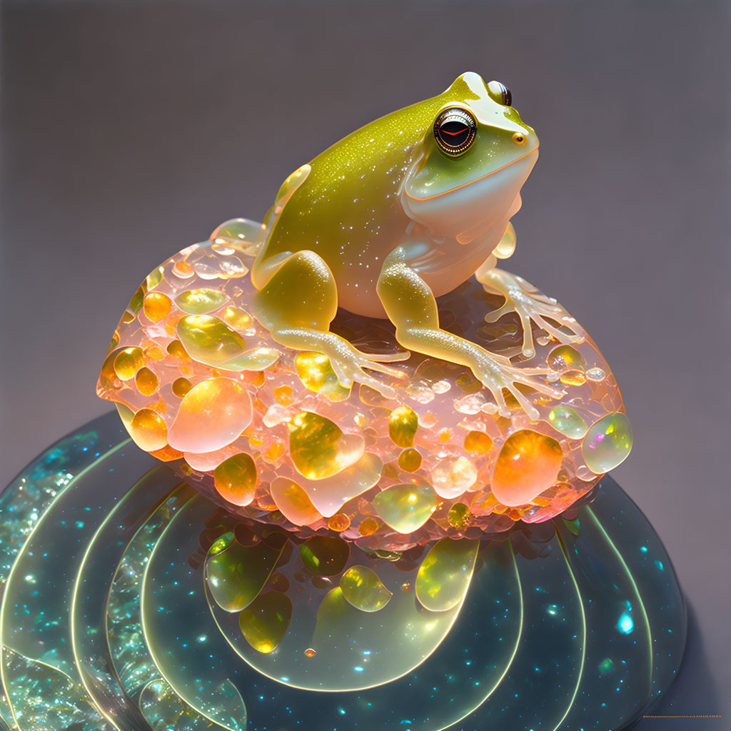 Green frog on colorful bubble-filled orb on reflective surface