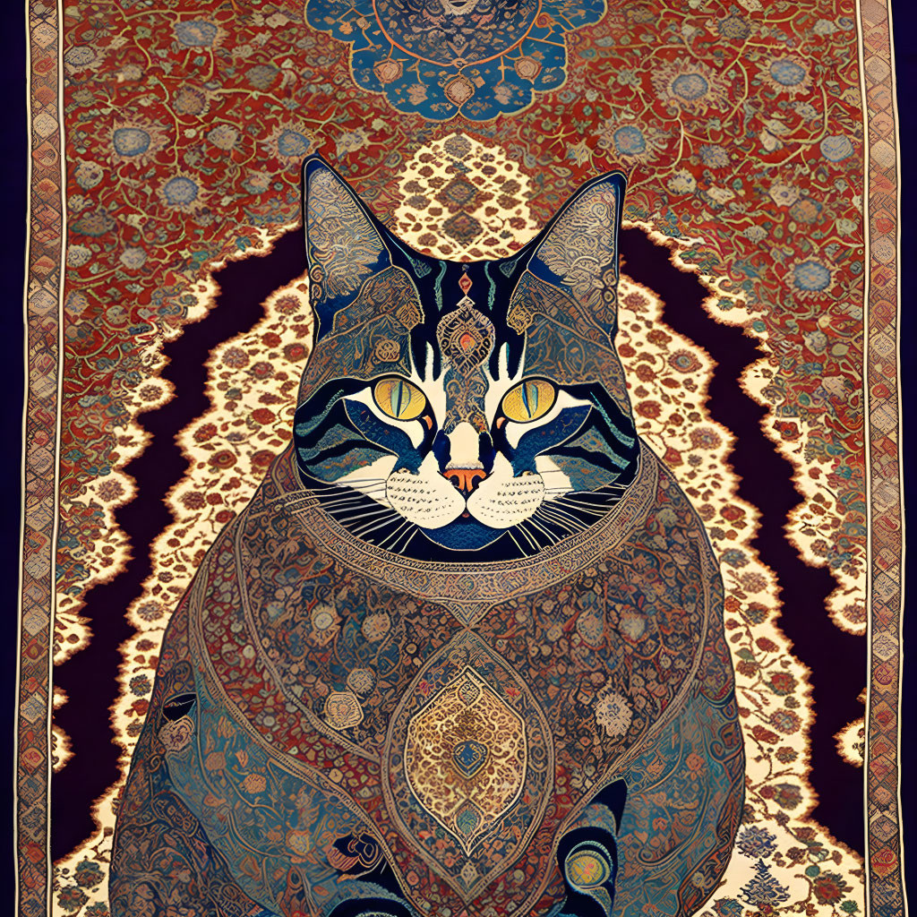 Detailed Illustration of Majestic Cat with Ornate Rug Background