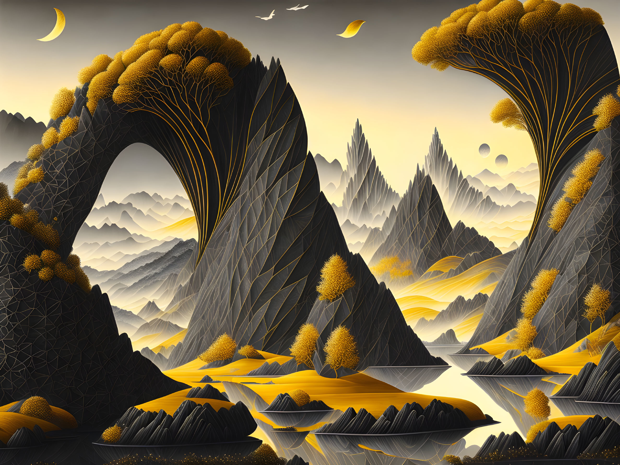 Stylized landscape with arching mountains and golden trees