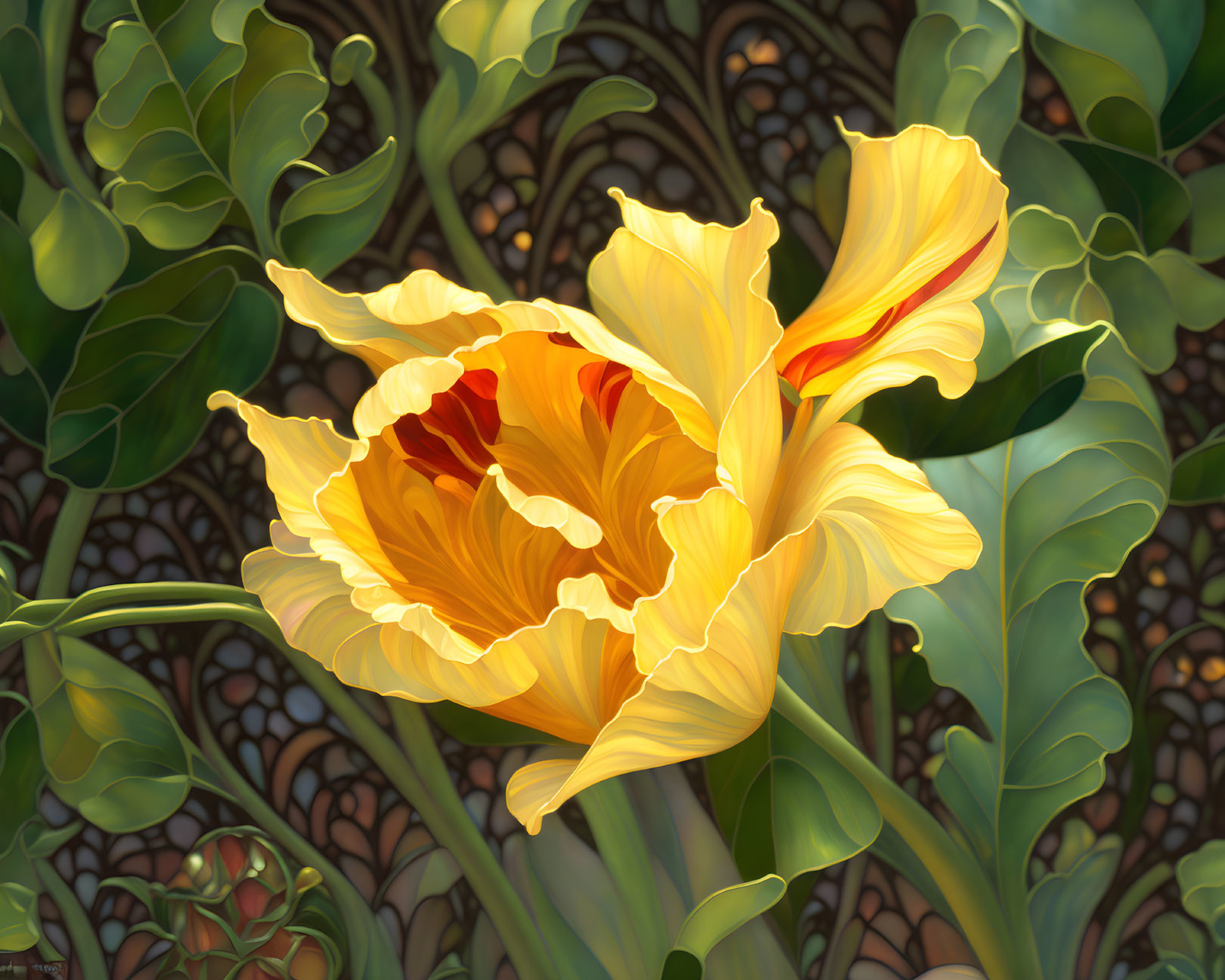 Vibrant yellow and orange flower with ruffled edges in digital painting