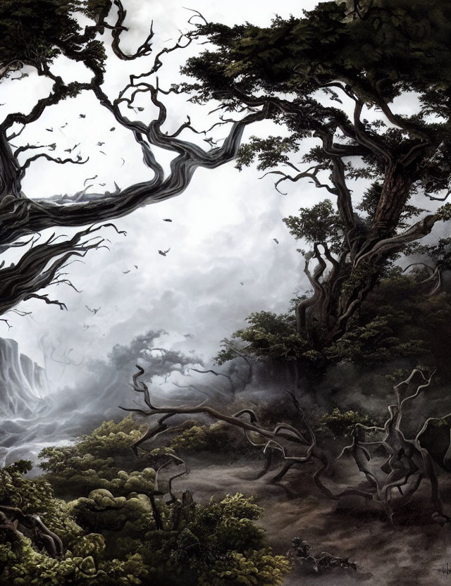 Monochrome forest with gnarled trees, mist, birds, and waterfall