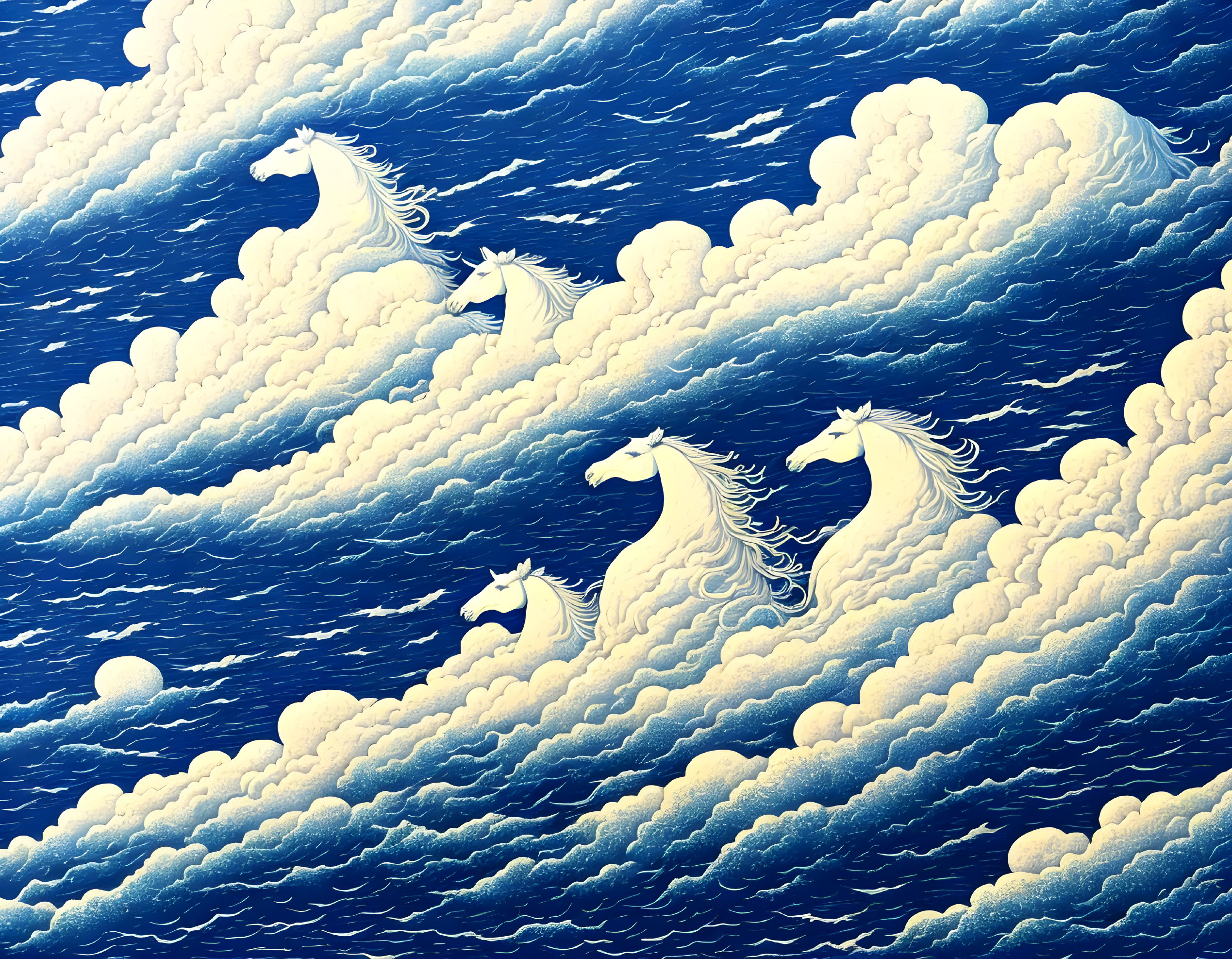 White horses with flowing manes in choppy ocean waves under a patterned sky