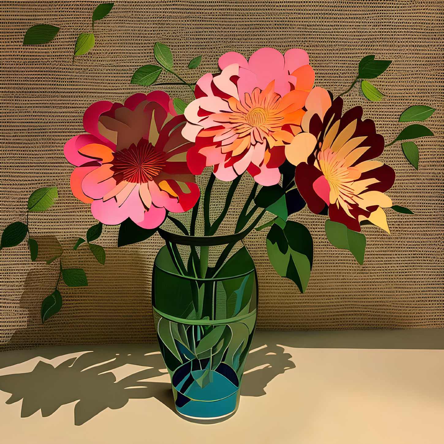 Vibrant paper vase with oversized flowers on beige background with leaf patterns