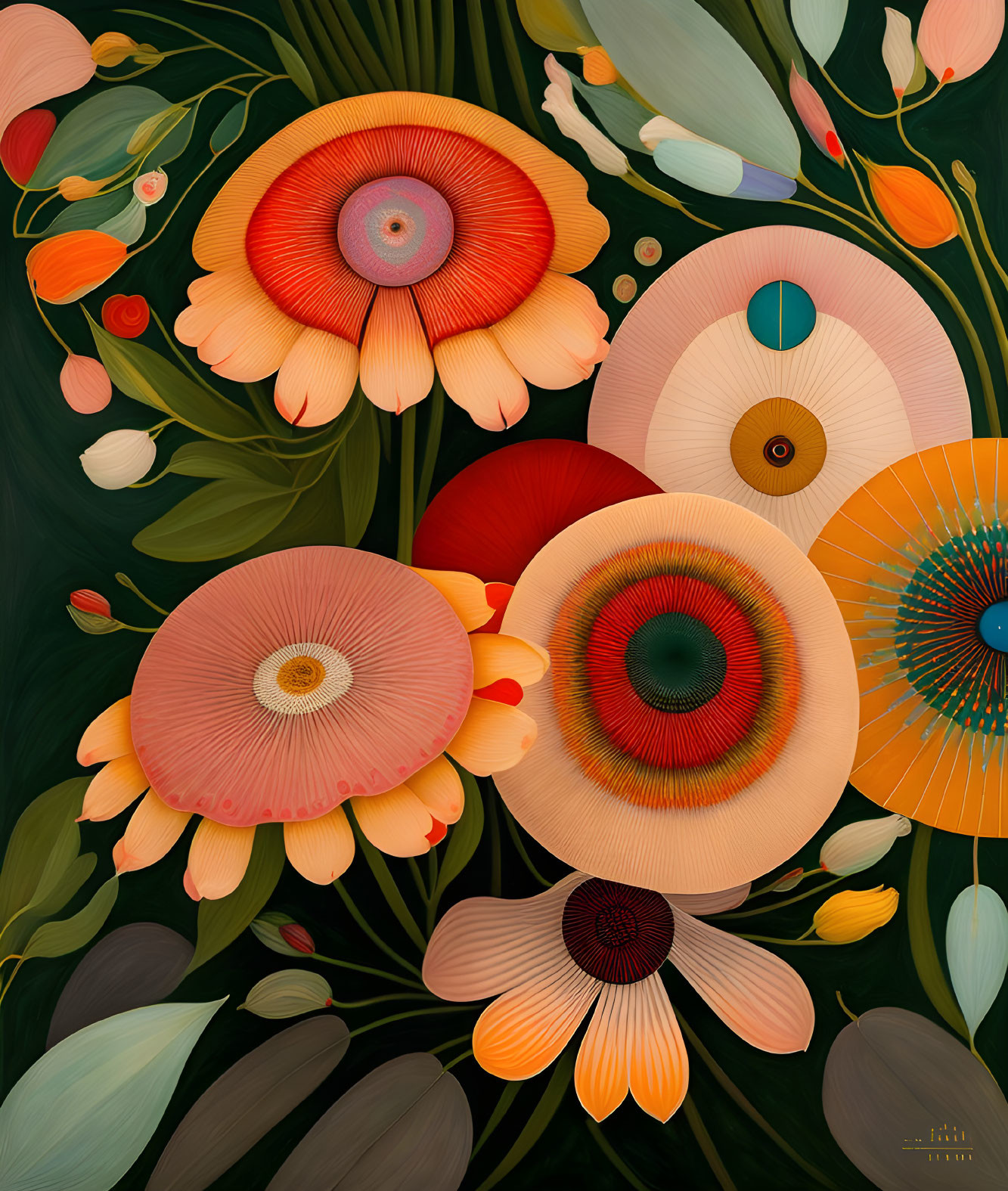 Colorful digital artwork: stylized flowers with intricate patterns on dark background